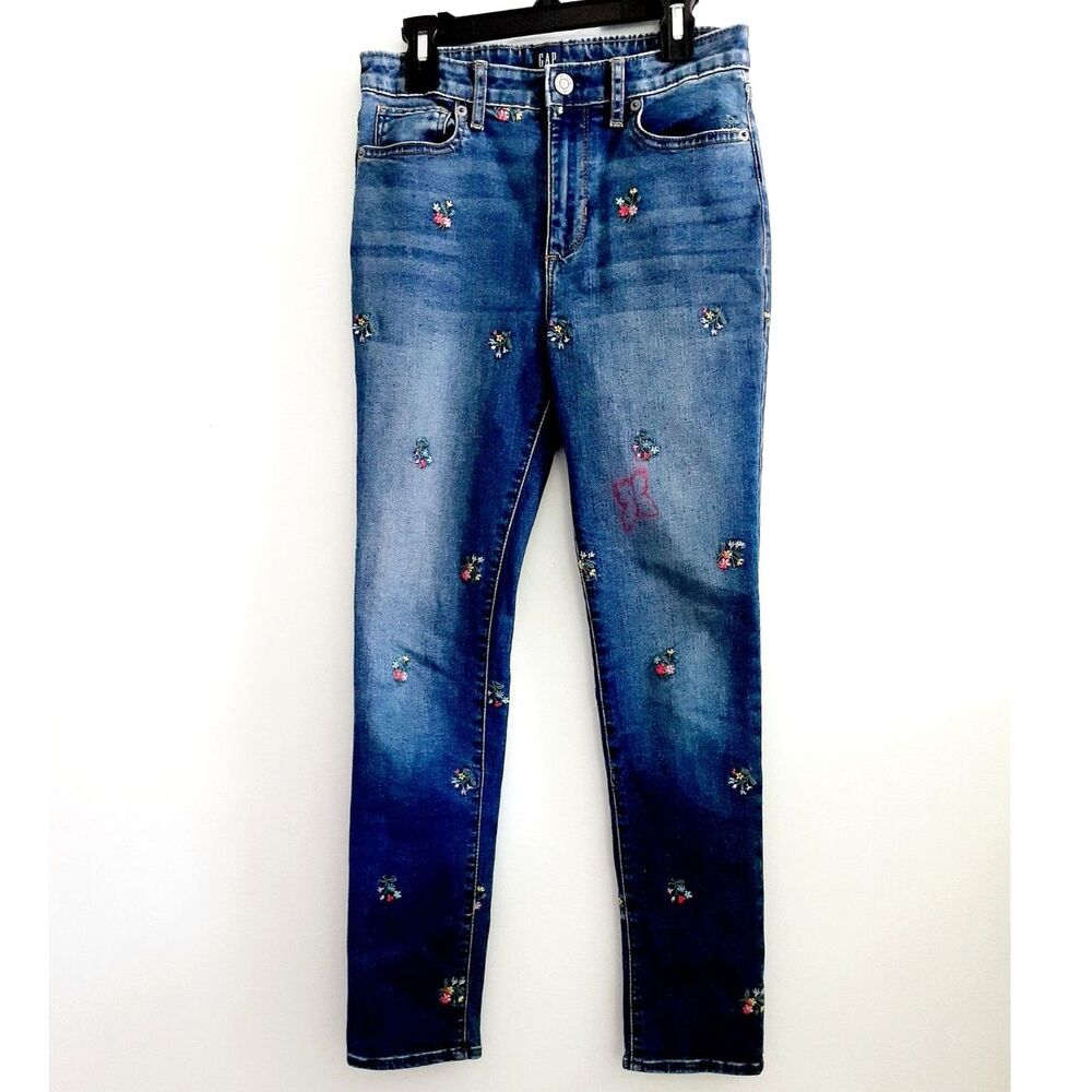 GAP Girls Denim Embroidered Floral Stretch High Rise Ankle Jegging  14